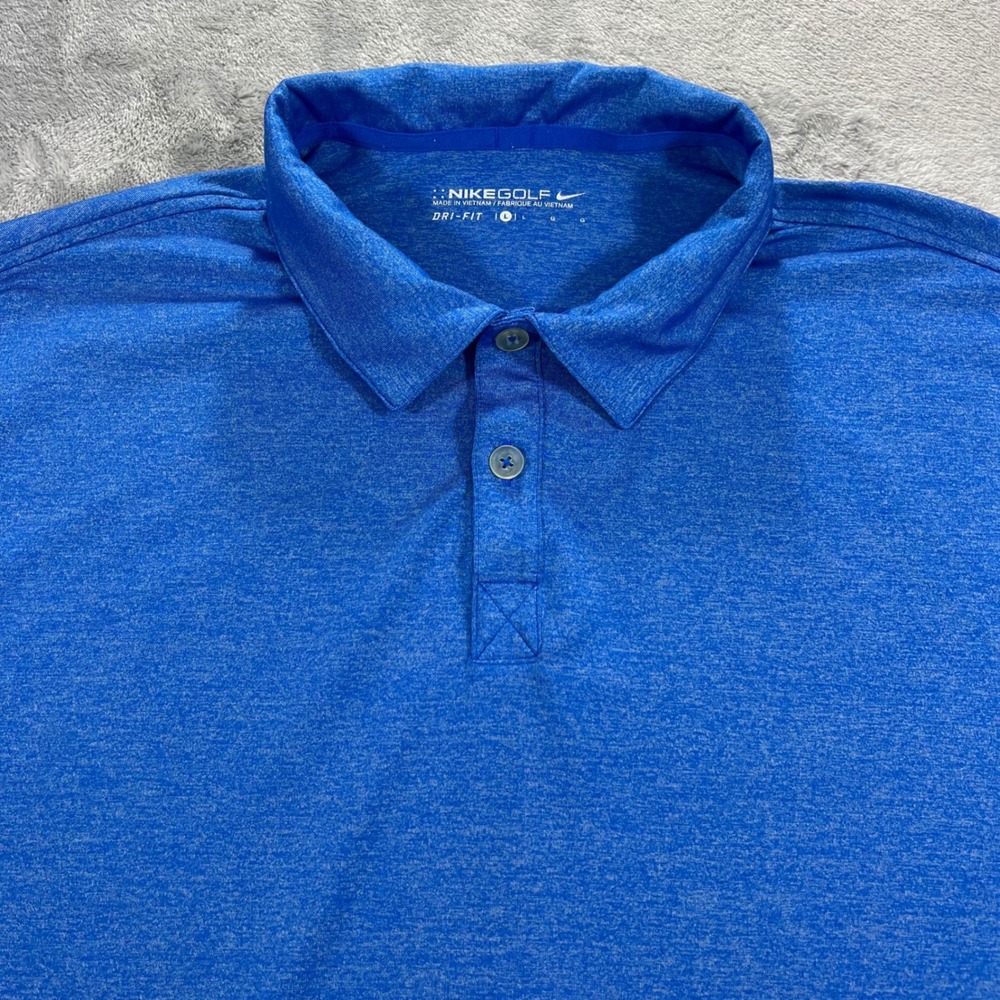 NIKE Golf Dri-FIT Polo Shirt Mens Large Blue Heather Stretch Courtside Club Logo